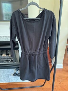 Black Drawstring Waist Tunic Dress with Pockets